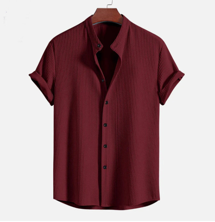 Men's Short Sleeve Structured Shirt with Stand Collar and Rolled-Up Sleeves Mune Fashion