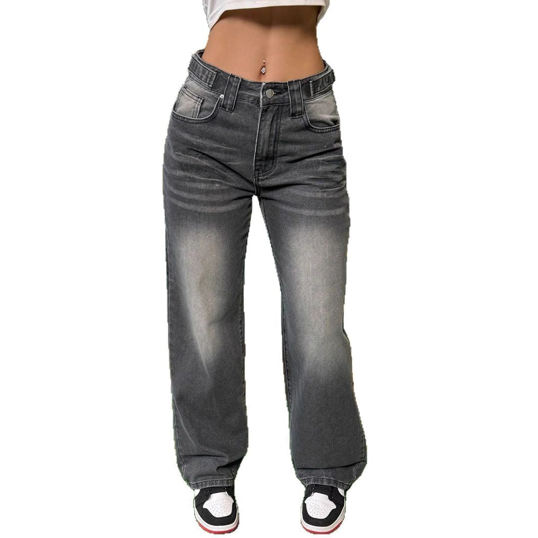 Women's High-Waisted Casual Wide-Leg Denim Pants with Vintage Wash and Extra Length Mune Fashion