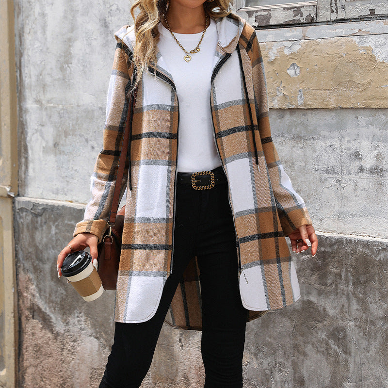 Women's Long Hooded Cardigan with Check Pattern, Zipper & Pockets Mune Fashion