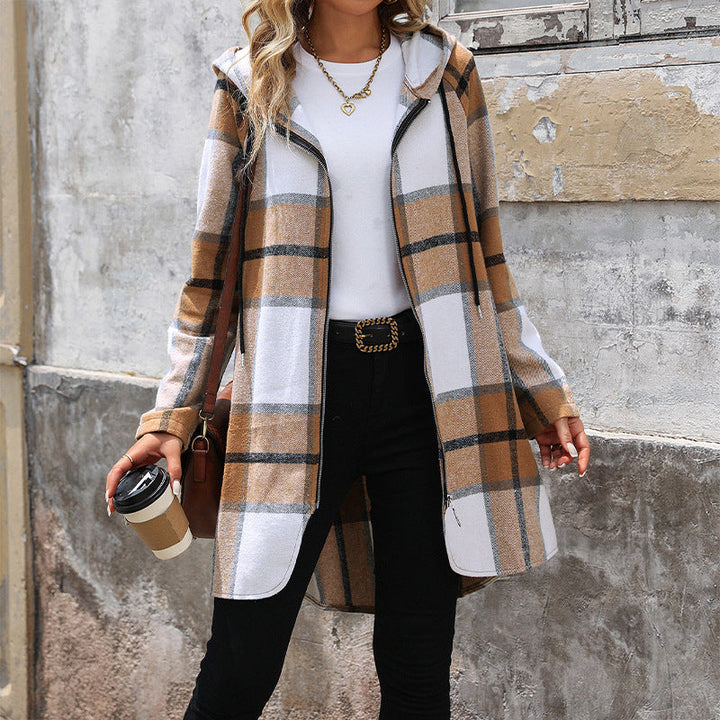 Women's Long Hooded Cardigan with Check Pattern, Zipper & Pockets Mune Fashion