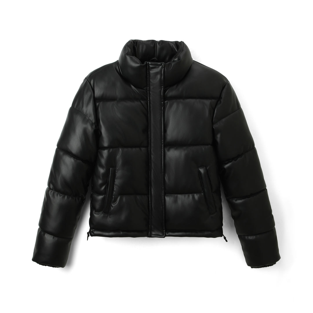 Women Short Cut Quilted Faux Leather Padded Jacket with High Standing Collar Mune Fashion