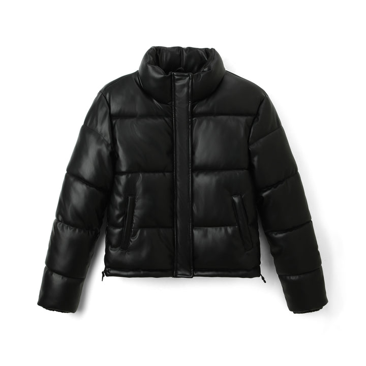 Women Short Cut Quilted Faux Leather Padded Jacket with High Standing Collar Mune Fashion