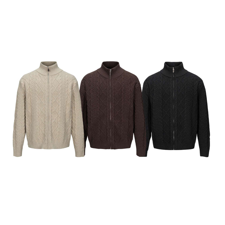 Men's knitted zip jacket with cable pattern and high stand-up collar Mune Fashion