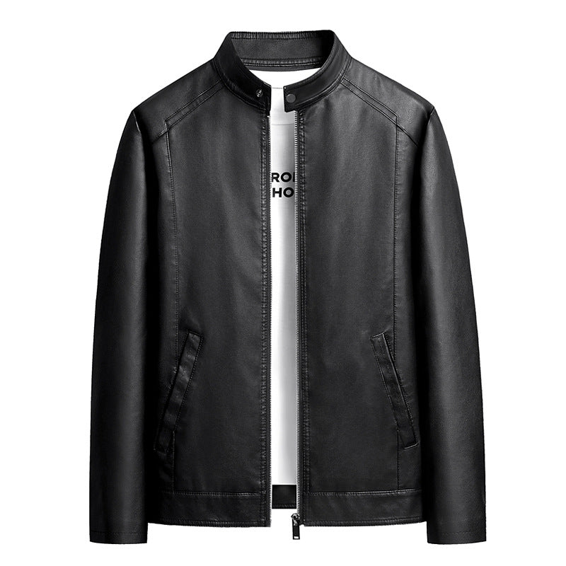 Men's Simple Faux Leather City Jacket with Stand Collar, Two-Way Zipper & Side Pockets Mune Fashion