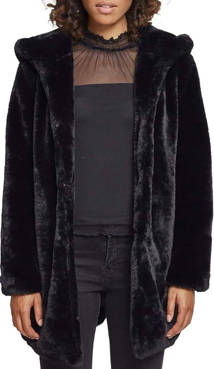 Women's Midi Length Faux Fur Coat with Hood, Teddy Finish and Concealed Button Placket Mune Fashion