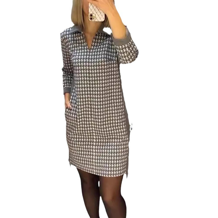 Women houndstooth knit dress with turned-down collar, V-neck, side pockets, and side slits Mune Fashion
