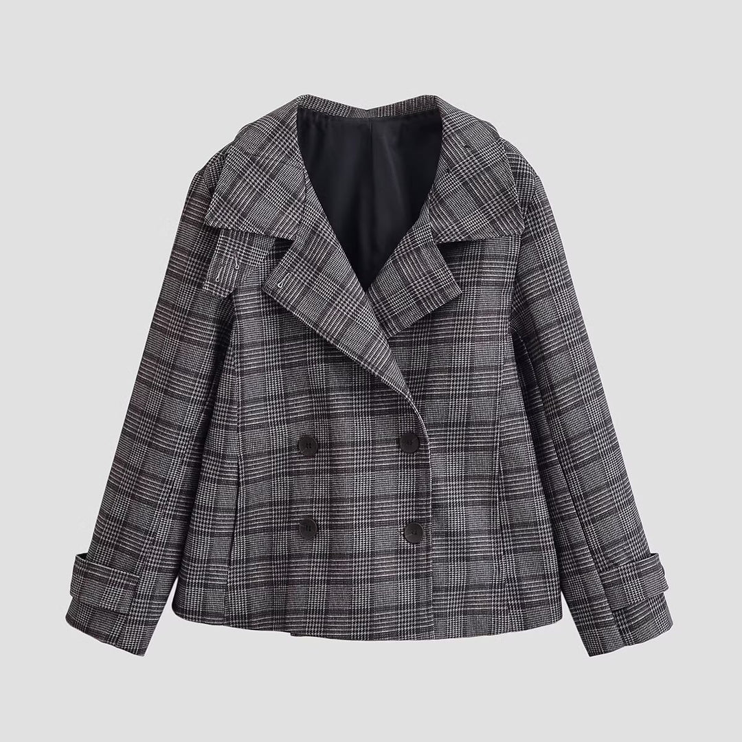 Women's Short Double-Breasted Glencheck Coat with Wide Lapels Mune Fashion