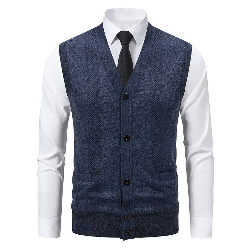 Men's Tailored Fine Knit Vest with V-Neck, Button Placket, and Side Pockets Mune Fashion