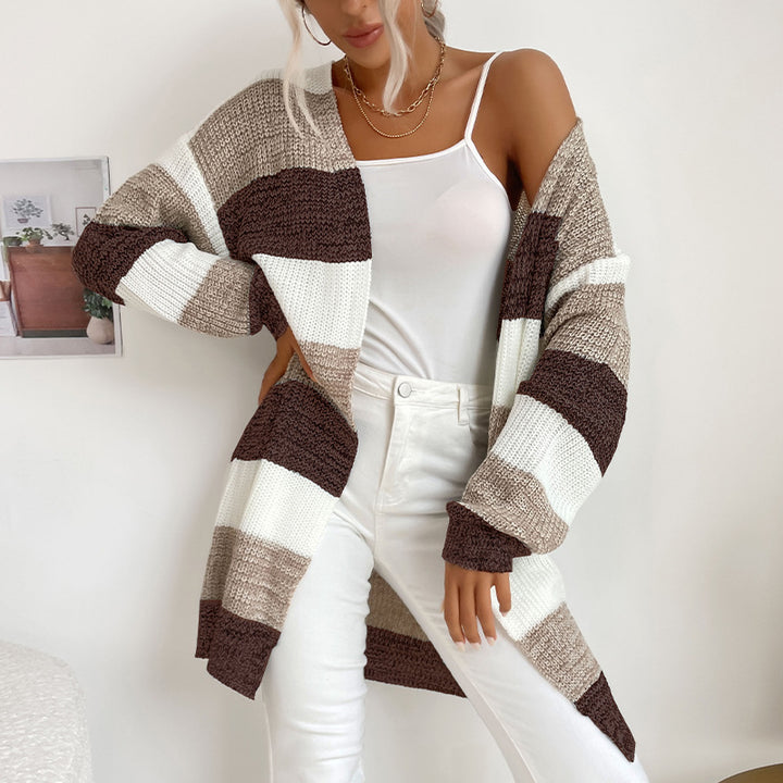 Women's Longline Knit Cardigan with Wide Block Stripes, Open Front and Dropped Shoulders Mune Fashion