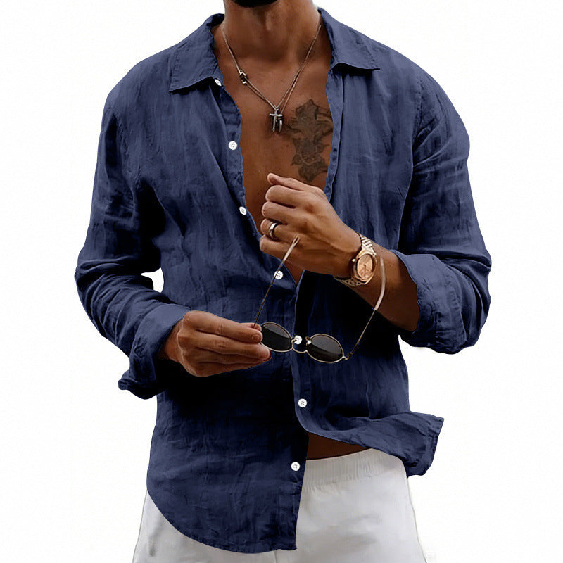 Men's airy relaxed linen shirt with open lapel, rounded hem, and roll-up sleeves Mune Fashion