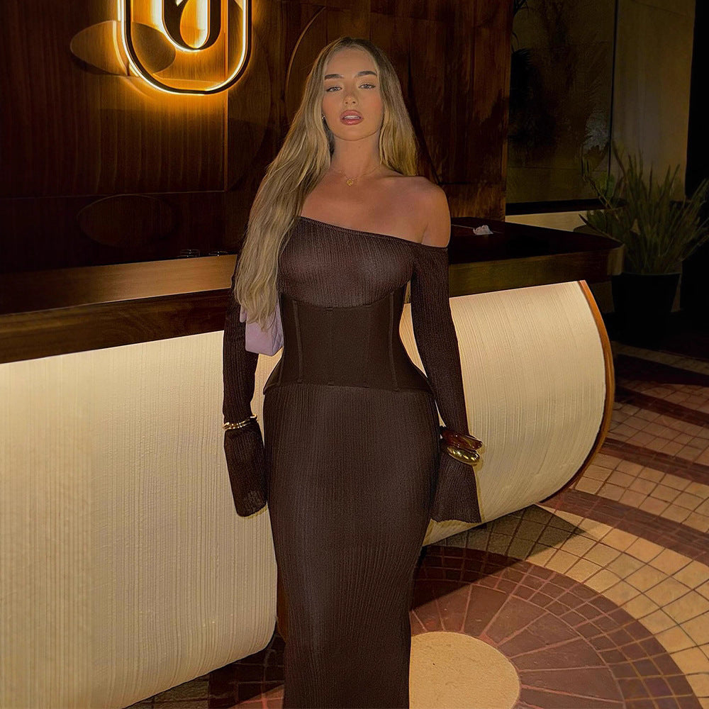 Women's One-Shoulder Maxi Dress with Shaping Corset Waist and Ribbed Knit Mune Fashion