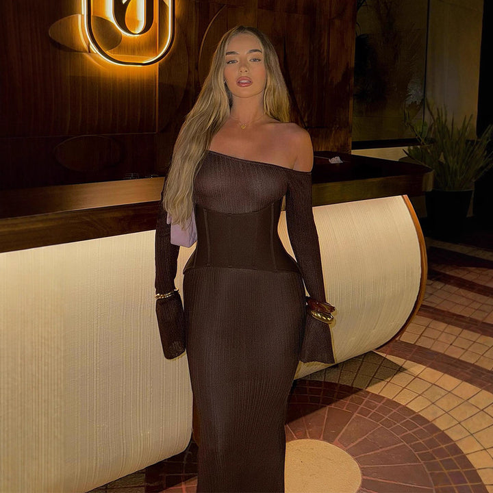 Women's One-Shoulder Maxi Dress with Shaping Corset Waist and Ribbed Knit Mune Fashion