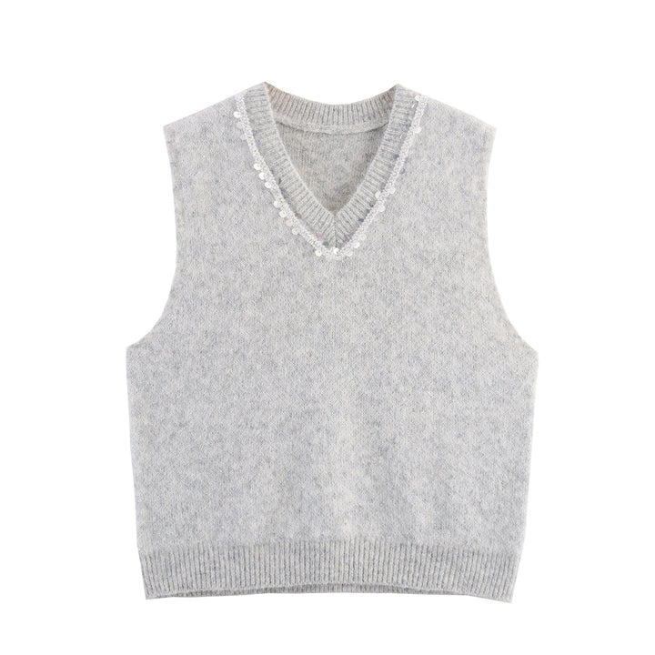 Women's Sleeveless Mohair-Look Knitted Vest with V-Neck and Decorative Sequins Mune Fashion