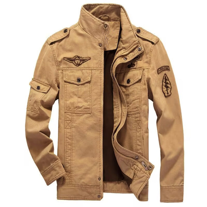 Men's Lightweight Canvas Utility Jacket in Military Look with Stand-up Collar, Epaulettes and Chest Flap Pockets Mune Fashion