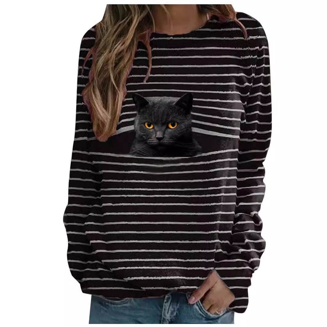 Women's casual striped sweater with photorealistic cat pocket and round neckline Mune Fashion