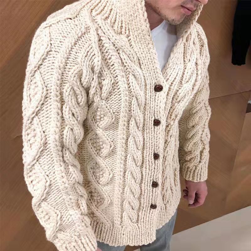 Men's Chunky Cable Knit Cardigan with High Standing Collar and Horn Buttons Mune Fashion