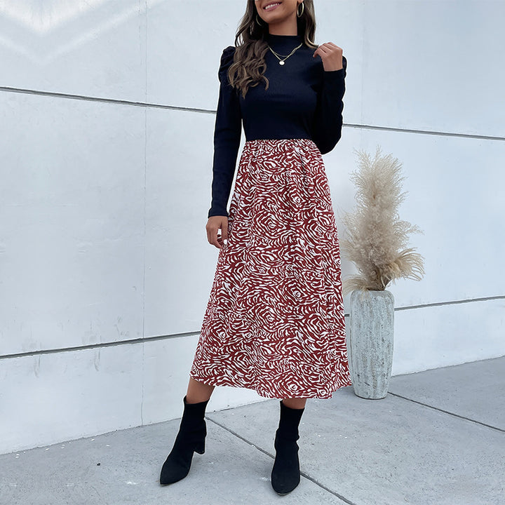 Women's A-Line Midi Skirt with High Waist, Flowing Silhouette and Abstract Print Mune Fashion