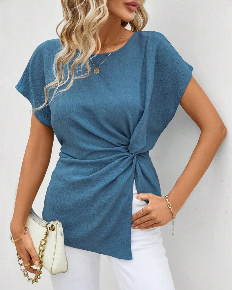 Women's fitted short sleeve draped shirt with side knot sling and textured crepe look Mune Fashion