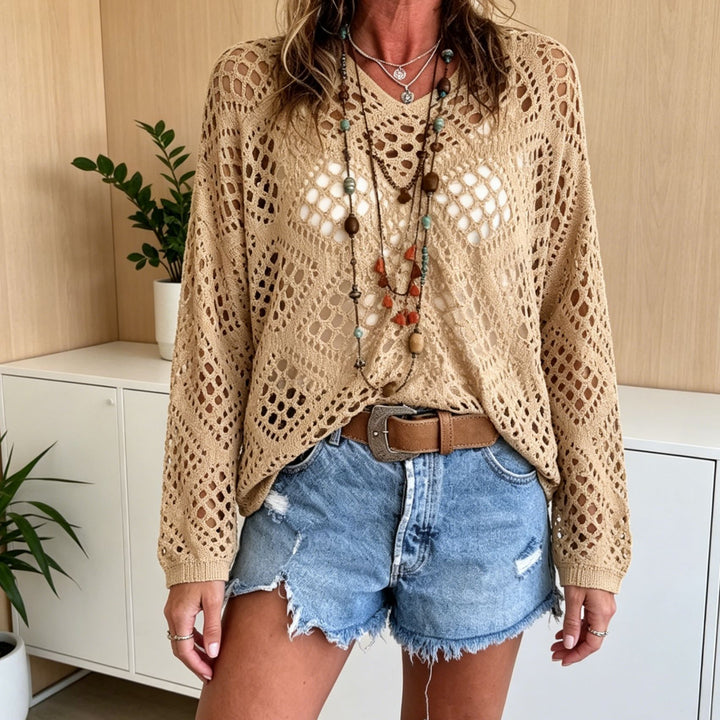 Women’s chunky knit crochet jumper with open stitches and V-neck Mune Fashion