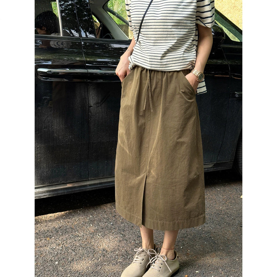Women's Stylish Midi Skirt with Elastic Waistband and Pockets Mune Fashion