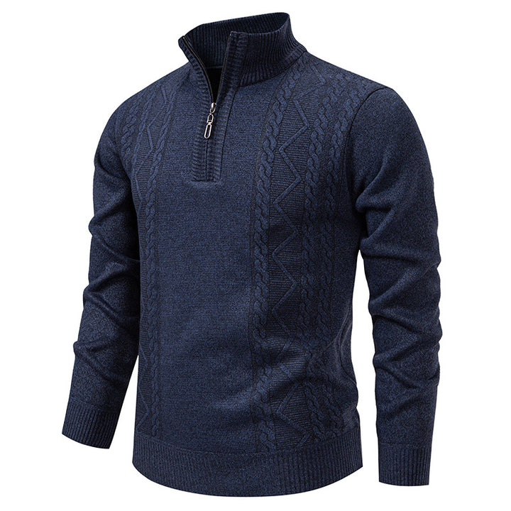 Men's premium knit pullover with half-zip, stand-up collar, and decorative cable pattern Mune Fashion
