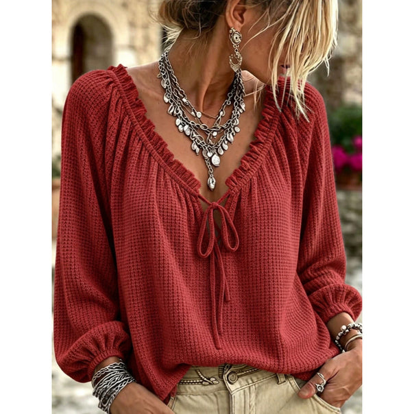 Women's lightweight waffle knit tunic with deep V-neck, ruffle trim, and bindMune Fashion and Mune Fashion