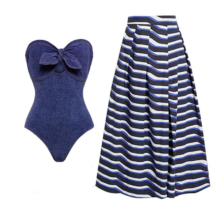 Women's bandeau swimsuit with decorative bows and striped maxi skirt Mune Fashion