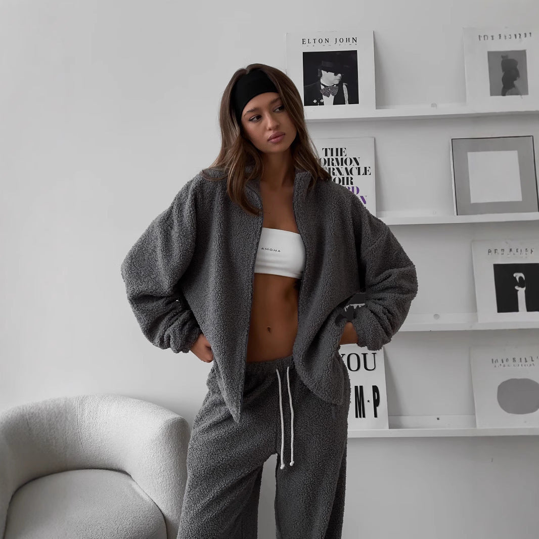 Women's oversized teddy fleece loungewear set with zip jacket and joggers Mune Fashion