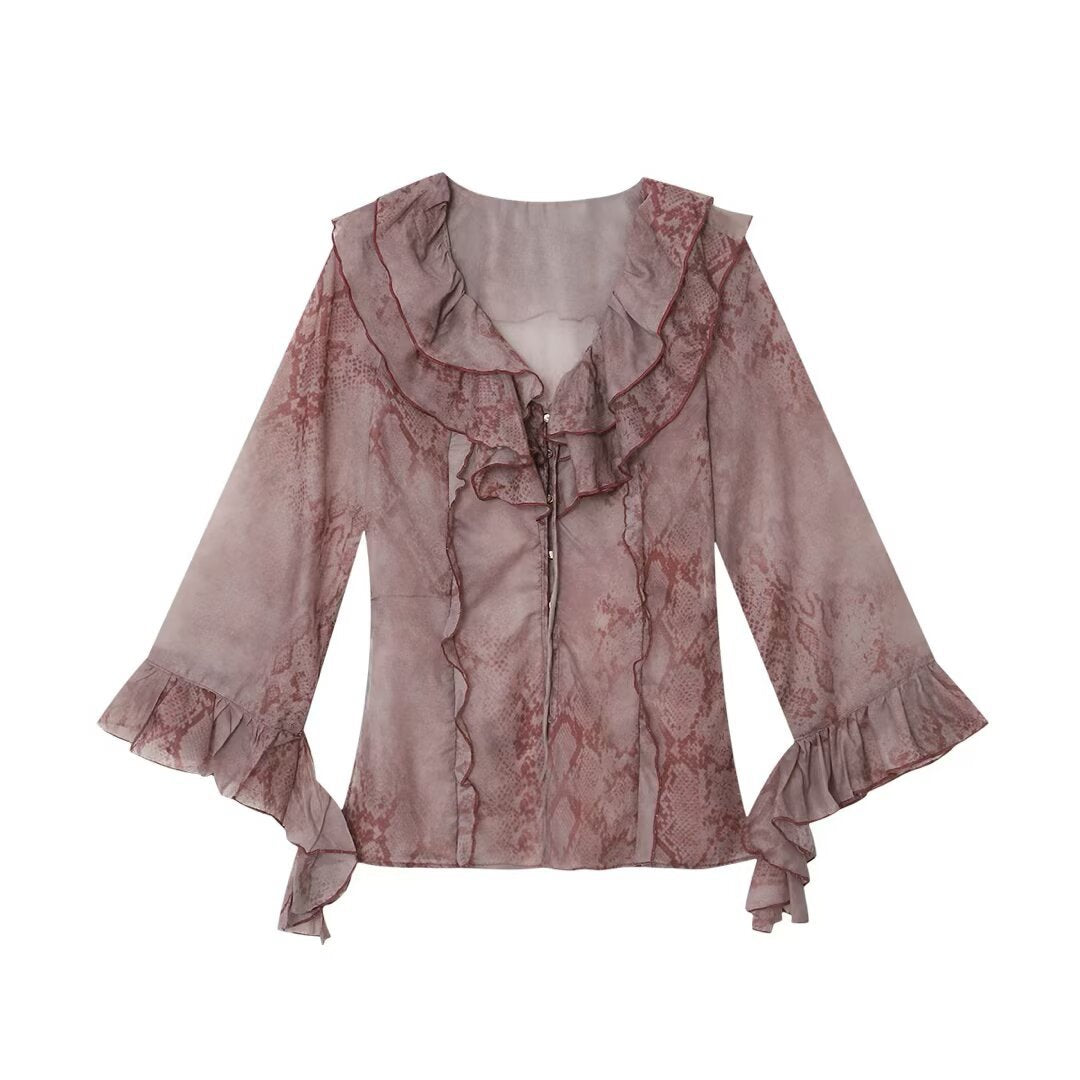 Women's chiffon blouse with ruffle collar, flounce sleeves, and decorative lacing Mune Fashion