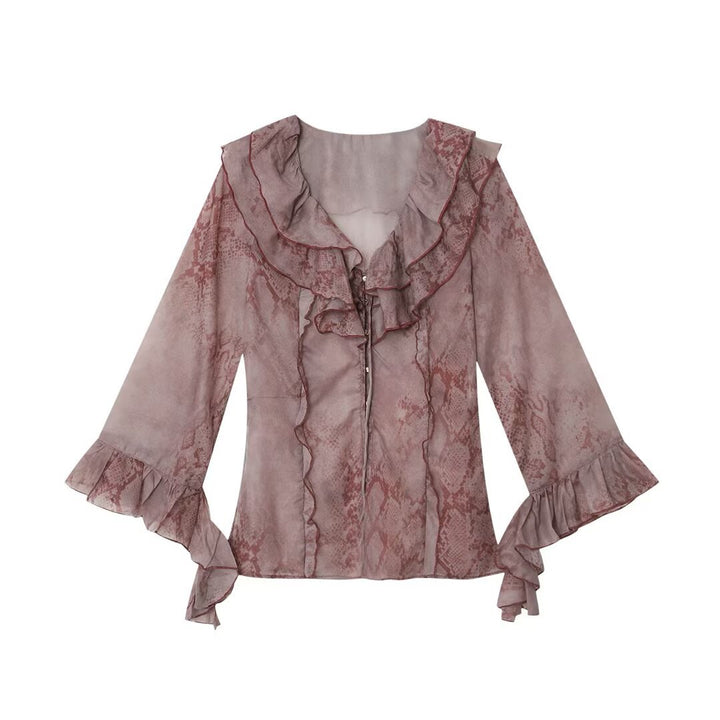 Women's chiffon blouse with ruffle collar, flounce sleeves, and decorative lacing Mune Fashion