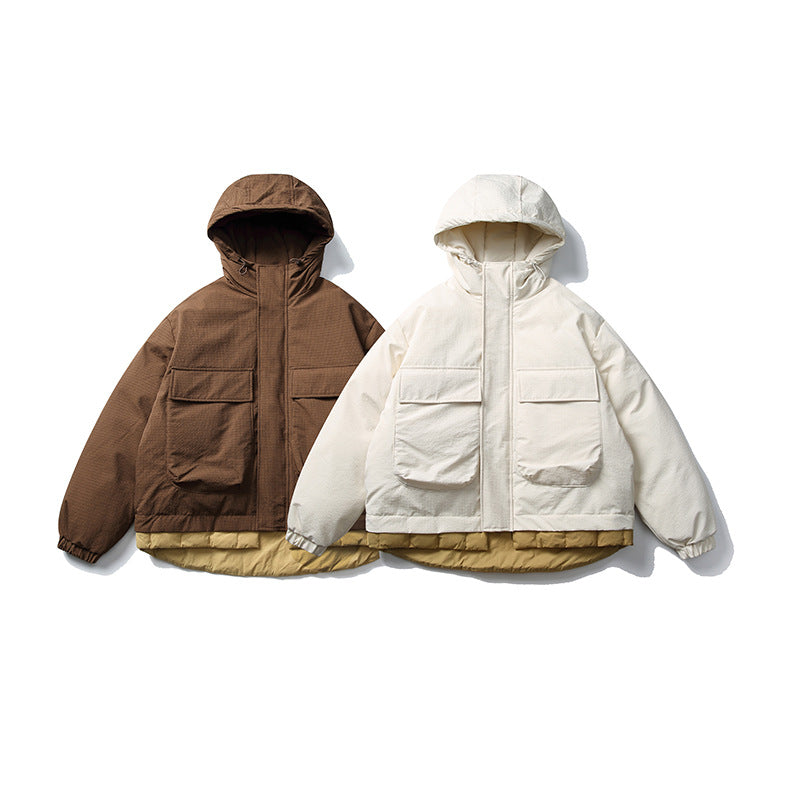Unisex Short cut padded hoodie jacket in material mix with patch pockets Mune Fashion