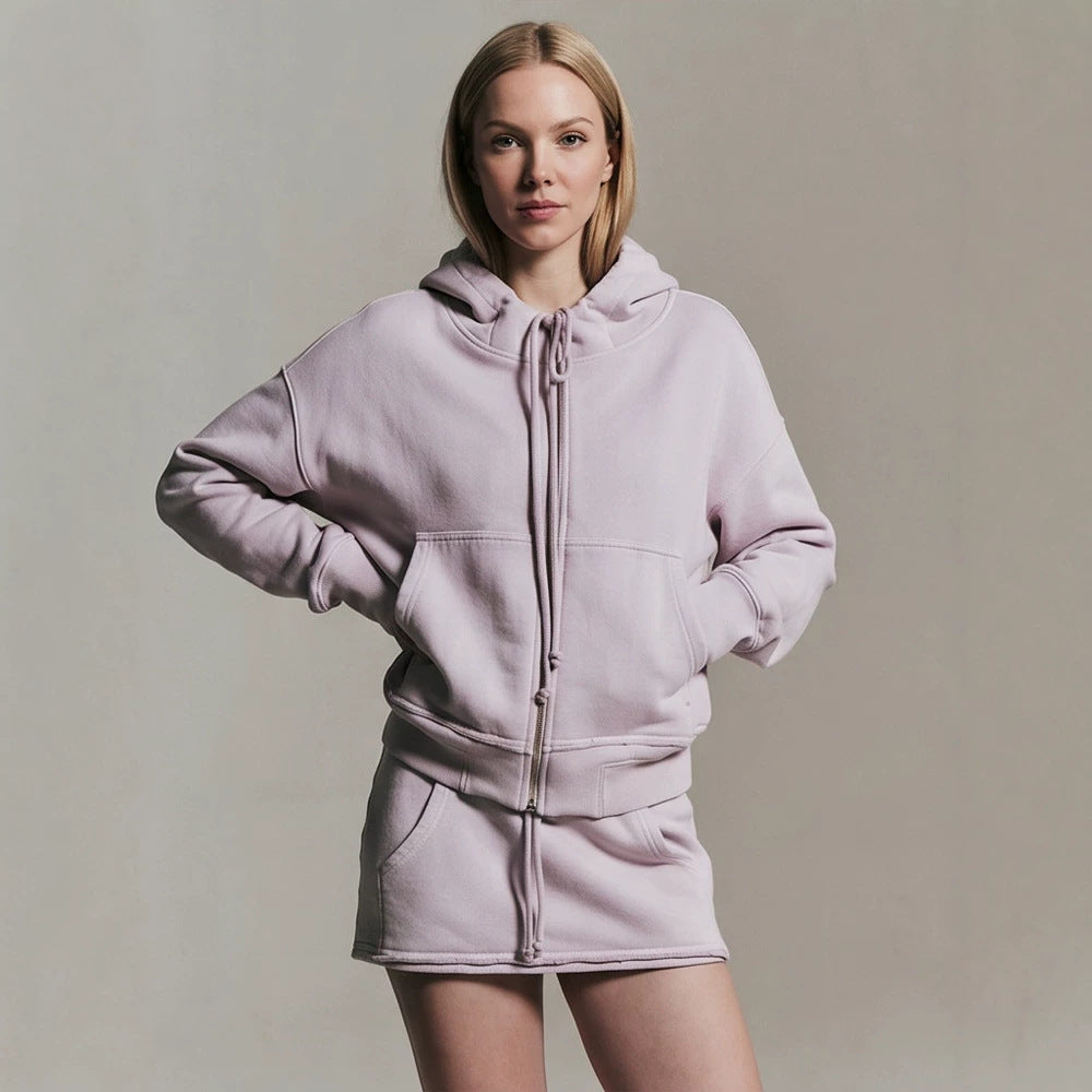 Ladies cropped hoodie sweatshirt with full zip, kangaroo pockets, and extended sleeve cuffs Mune Fashion