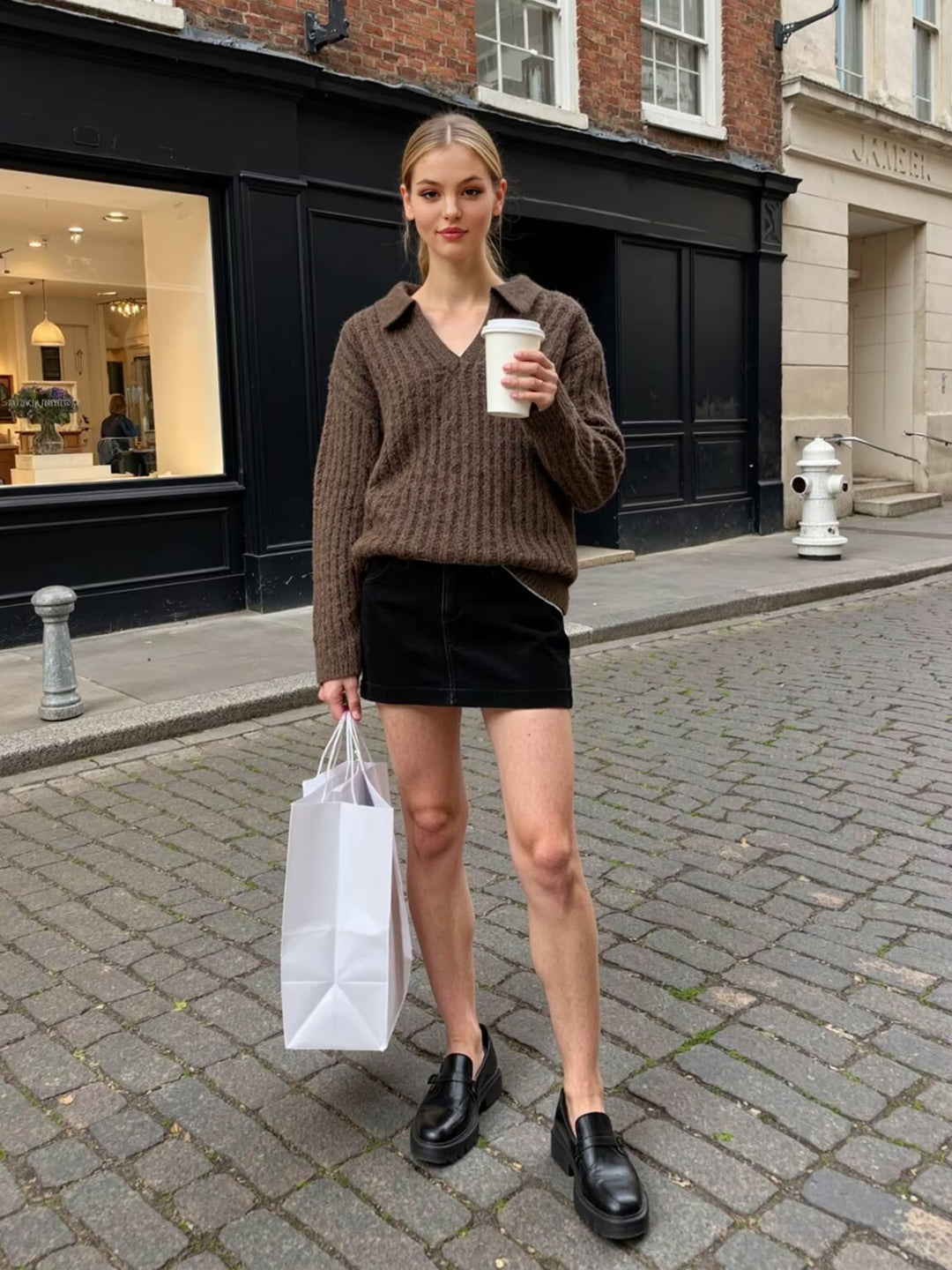Women's Oversized Chunky Knit Set with Polo Collar and Midi Skirt Mune Fashion