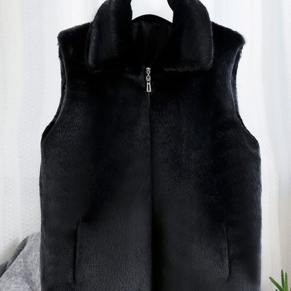 Women's Sleeveless Faux Fur Vest with Stand-Up Collar and Hidden Zipper Mune Fashion