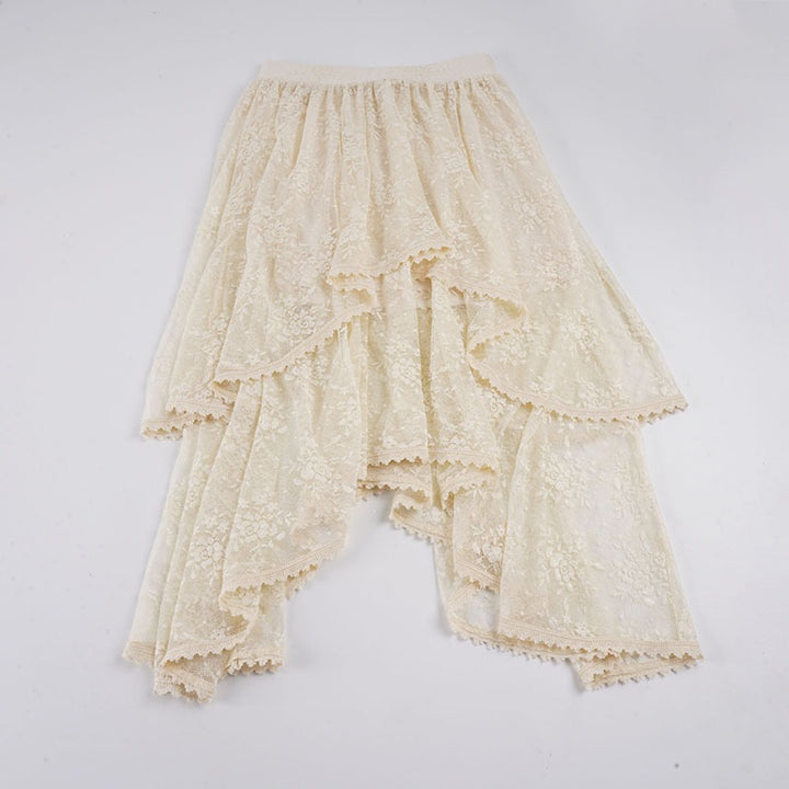 Women Multi-layered Lace Midi Skirt with Asymmetrical Hem and Elastic Waistband Mune Fashion