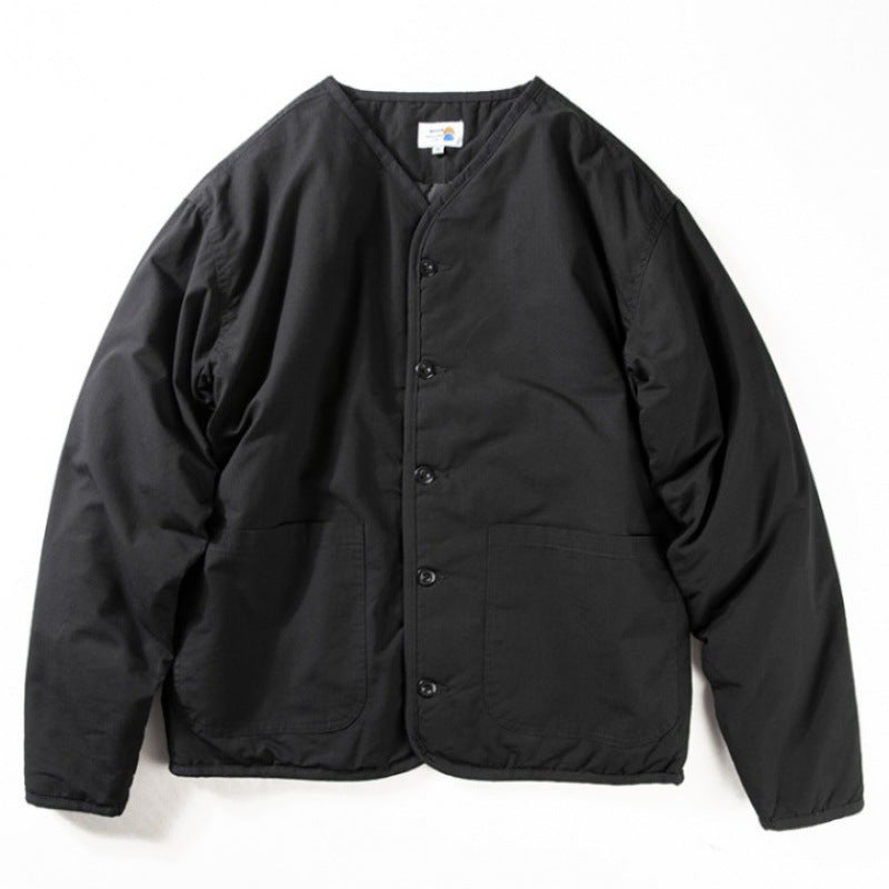 Men's light quilted collarless transitional jacket with button placket and patch pockets Mune Fashion
