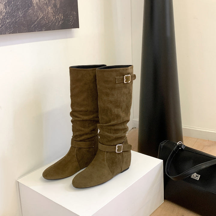 Women's Knee-High Suede Slouch Boots with Adjustable Decorative Straps and Flat Wedge Sole Mune Fashion
