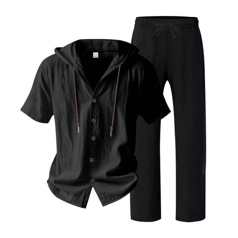 Men's urban leisure set with short-sleeved hoodie shirt, button placket, and straight comfort pants with drawstring Mune Fashion