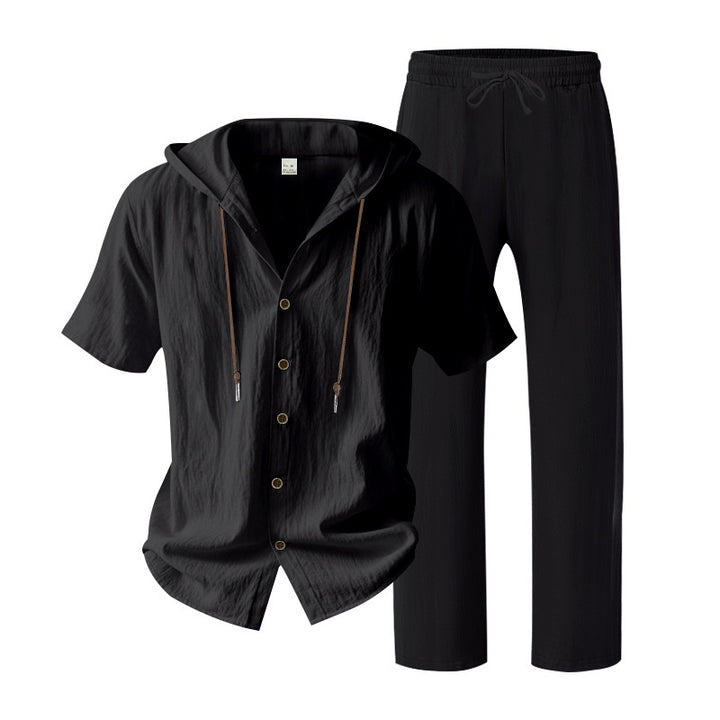 Men's urban leisure set with short-sleeved hoodie shirt, button placket, and straight comfort pants with drawstring Mune Fashion