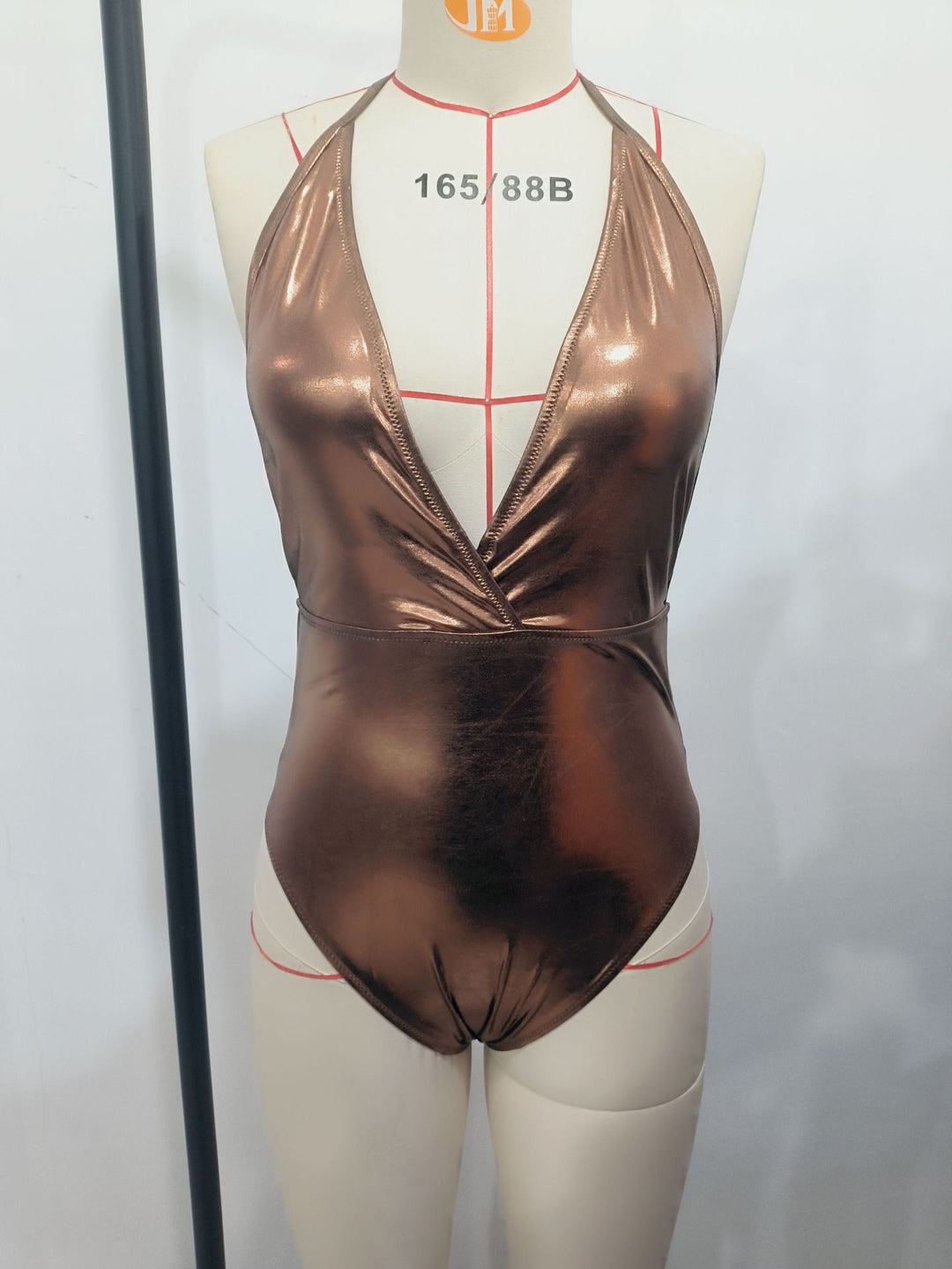 Ladies High-Quality One-Piece Swimsuit with Deep V-Neck and Shiny Finish Mune Fashion