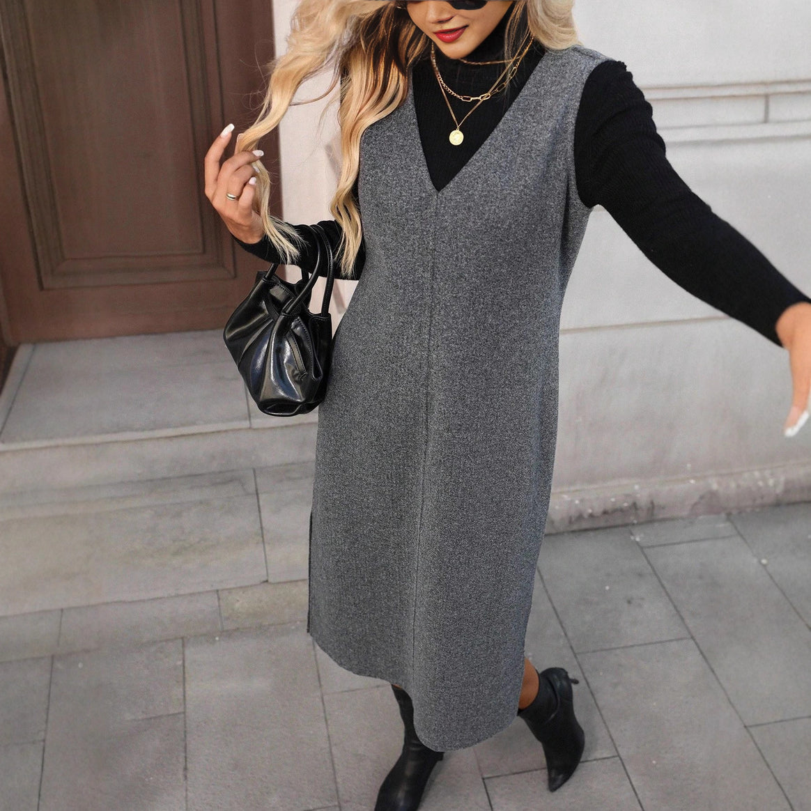 Women’s Sleeveless Wool Blend Midi Dress with Deep V-Neck and Straight Cut Mune Fashion