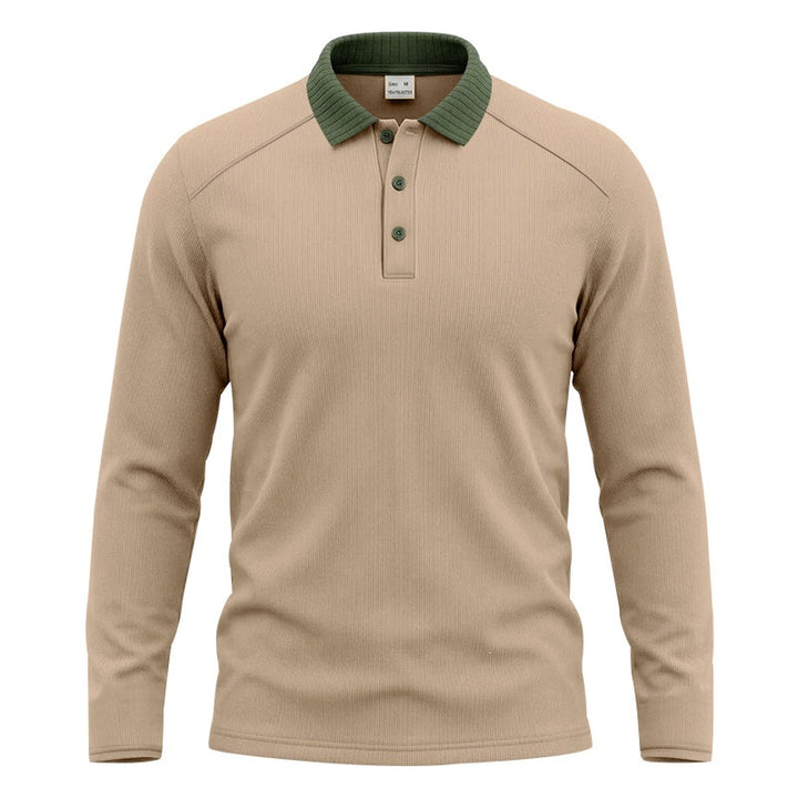 Men's long sleeve polo made of fine ribbed knit with contrast collar and button placket Mune Fashion