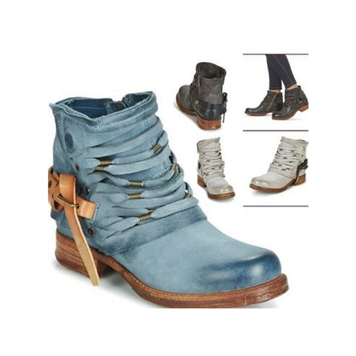 Women Fringe Ankle Boots with Layered Straps and Side Zipper Mune Fashion