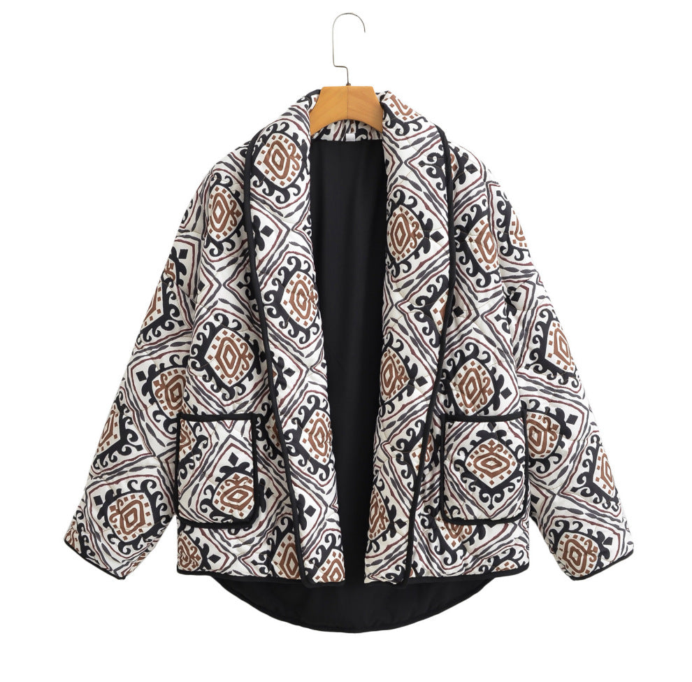 Women's Quilted Kimono Jacket with Ethno Print, Contrast Piping and Patch Pockets Mune Fashion