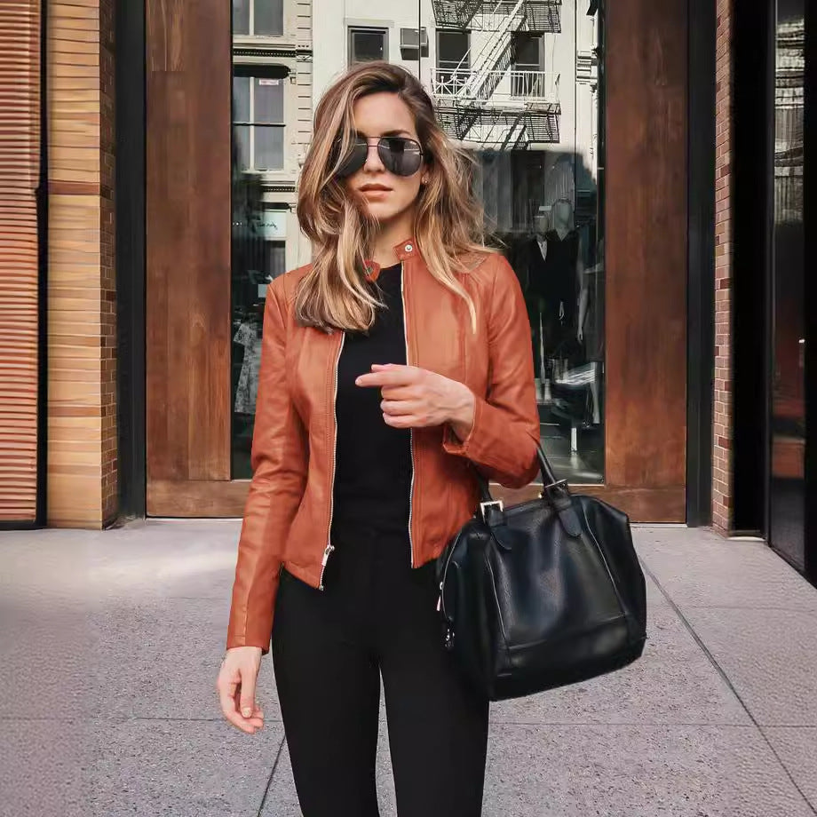 Women’s narrow cut leather jacket with stand-up collar and two-way zip Mune Fashion