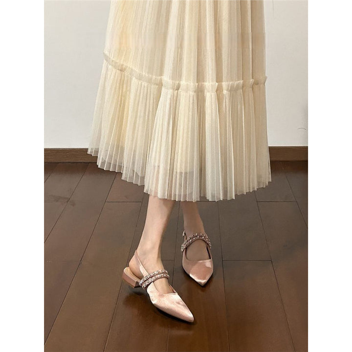 Women's pointed satin mules with padded comfort footbed, low block heel and crystal-studded decorative strap Mune Fashion