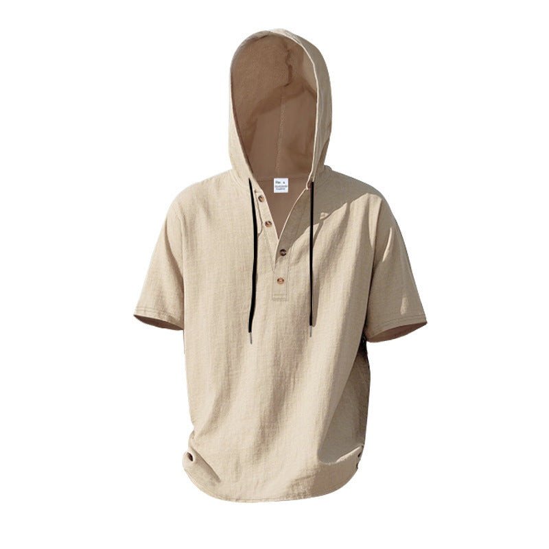 Men's Short Sleeve Hoodie Henley in Linen Look with Button Placket Mune Fashion
