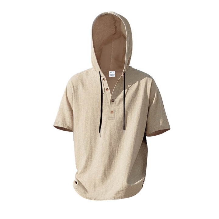 Men's Short Sleeve Hoodie Henley in Linen Look with Button Placket Mune Fashion