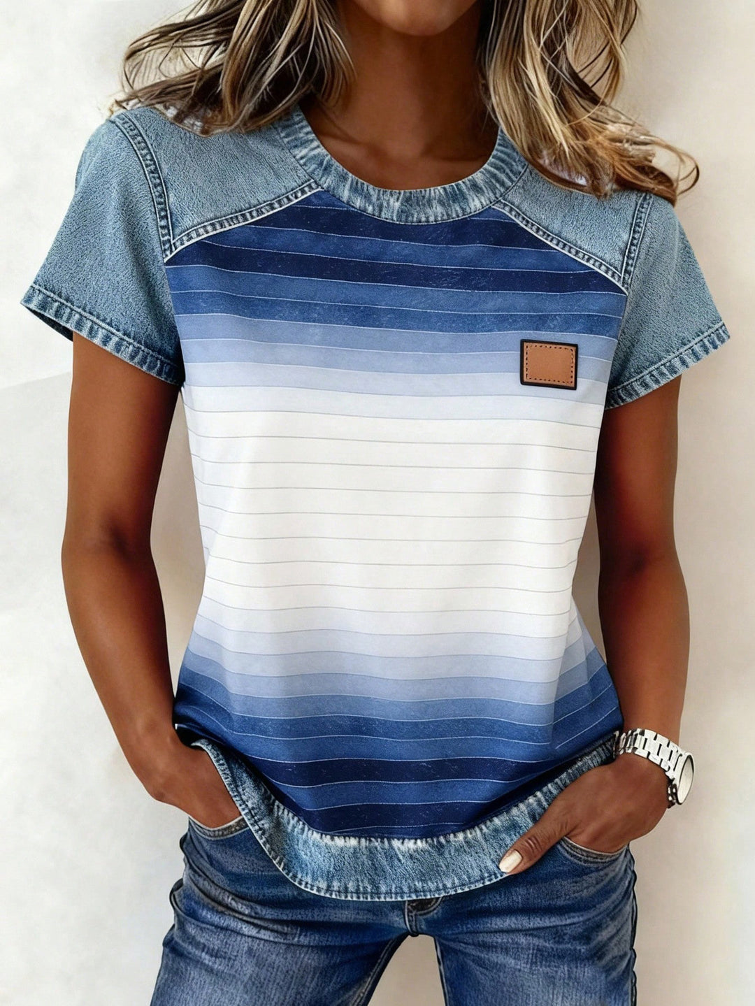 Women's Short Sleeve Shirt with Jeans Inserts and Teddy Patch Print Mune Fashion