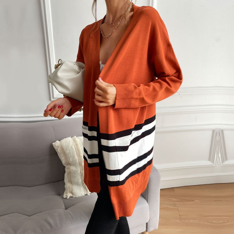 Women's Longline Cardigan with Contrast Stripes, Patch Pockets & Ribbed Cuffs Mune Fashion